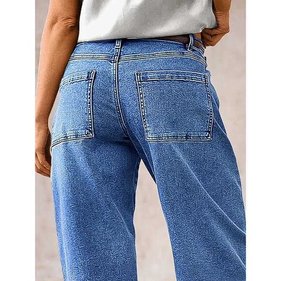 Women Straight Leg Jeans Mid Rise Stretchy Patch Pockets Casual Baggy - Picture 3 of 5